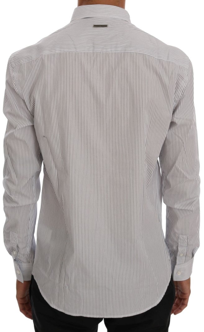 Frankie Morello White Blue Striped Casual Cotton Regular Fit Shirt Blauw
