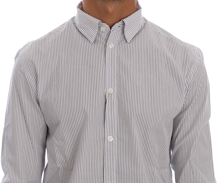 Frankie Morello White Blue Striped Casual Cotton Regular Fit Shirt Blauw