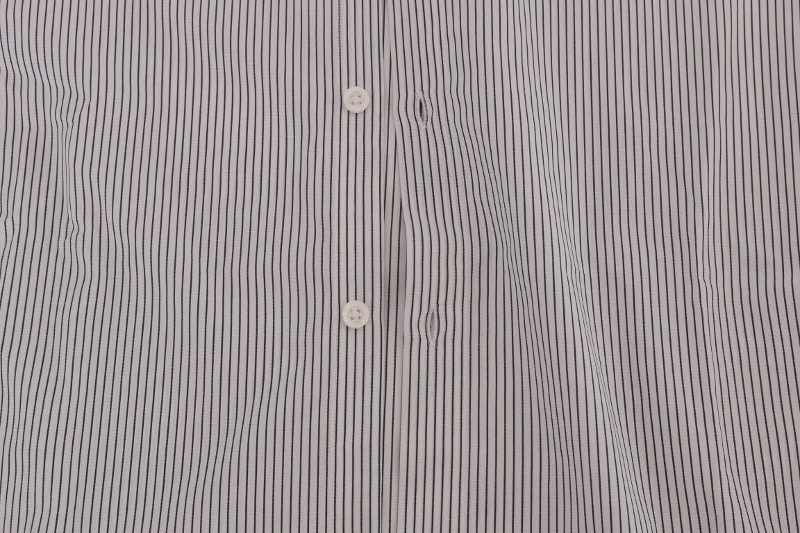 Frankie Morello White Blue Striped Casual Cotton Regular Fit Shirt Blauw