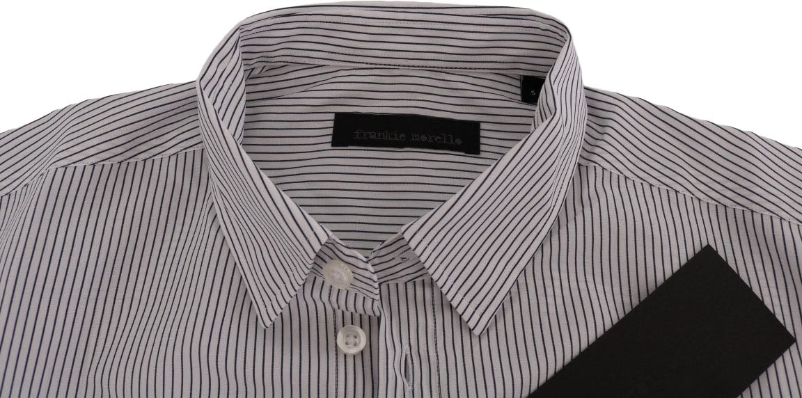 Frankie Morello White Blue Striped Casual Cotton Regular Fit Shirt Blauw