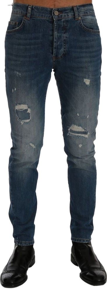 Frankie Morello Blue Cotton Slim Fit Jeans Blauw