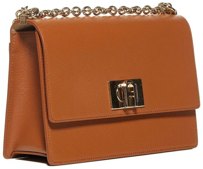 Furla Structured Leather Shoulder Bag With Metallic Clasp Bruin