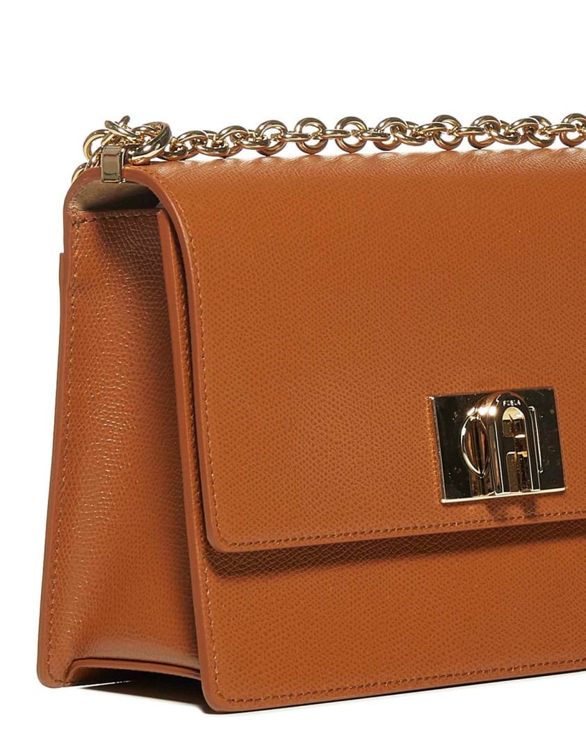 Furla Structured Leather Shoulder Bag With Metallic Clasp Bruin