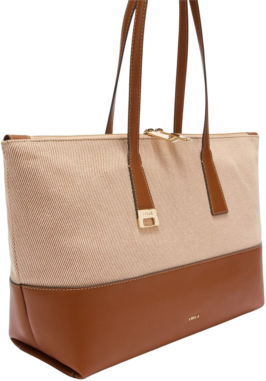 Furla Olivia L Tote Beige Cotton Leather Tote Neutraal