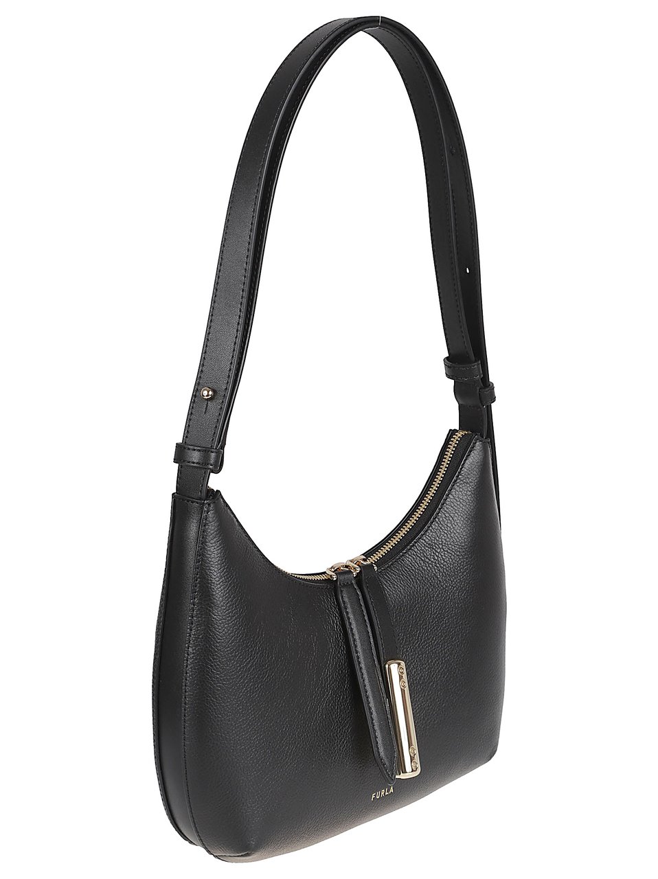 Furla Curved Black Textured Leather Bag with Gold Accents Zwart