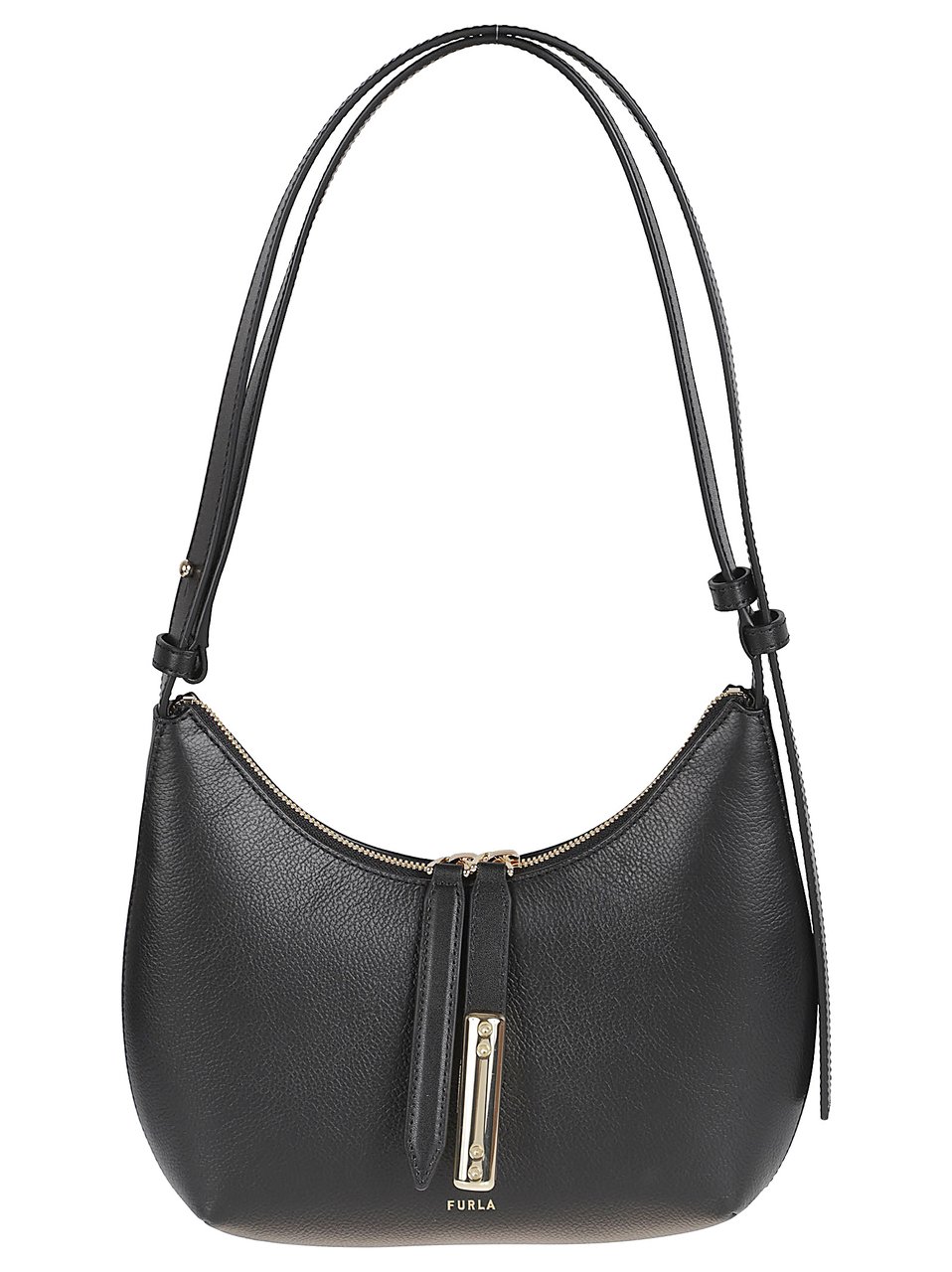 Furla Curved Black Textured Leather Bag with Gold Accents Zwart