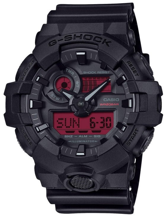 G-Shock Casio G Shock Horloge GA-700BBR-1AER Analoog Digitaal Zwart met Bordeaux Rood 200m Waterdicht Divers