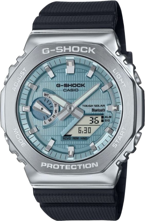 G-Shock Casio G-shock Horloge GBM-2100A-1A2ER Staal met zwarte band en blauwe wijzerplaat Lichtblauw