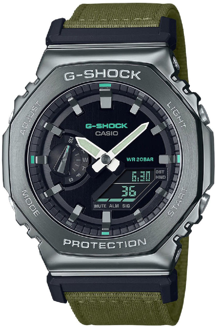 G-Shock CASIO G-Shock Horloge GM-2100CB-3AER Staal Gun Metal Digitaal Analoog met Groene Canvas Band Divers