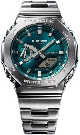 G-Shock G-Shock Horloge GM-2110D-3A1ER Digitaal Analoog Staal met Blauw Groene Wijzerplaat 49mm Waterdichtheid 200 Meter Zilver