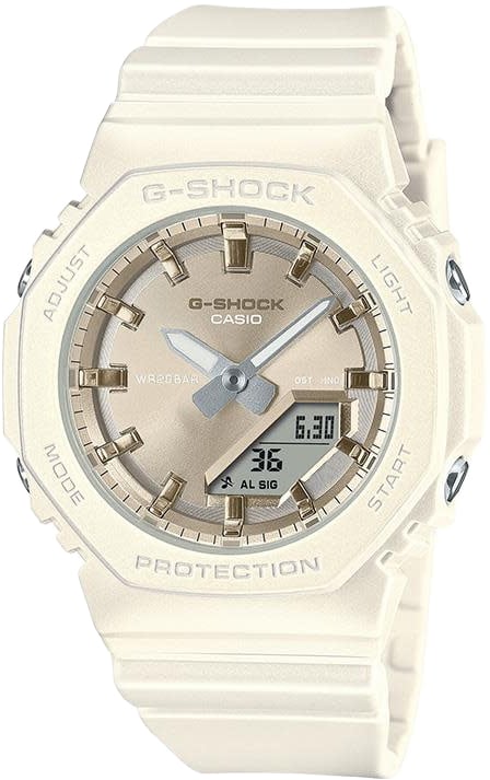 G-Shock G-Shock Horloge GMA-P2100ST-7AER Digitaal Analoog Parelmoer Band met Metallic Wijzerplaat 46mm Waterdichtheid 200 Meter Wit