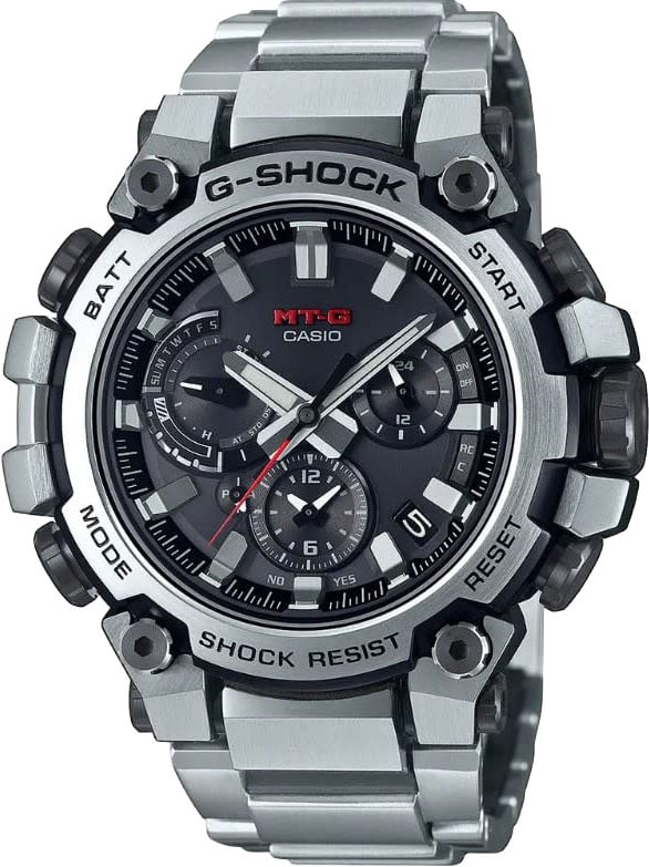 G-Shock Casio G-Shock Horloge MTG-B3000D-1AER Metal Twisted G - Dual Core Guard Staal Solar Radio Controlled Zwarte Wijzerplaat 50.9mm Chronograaf 200m Zilver