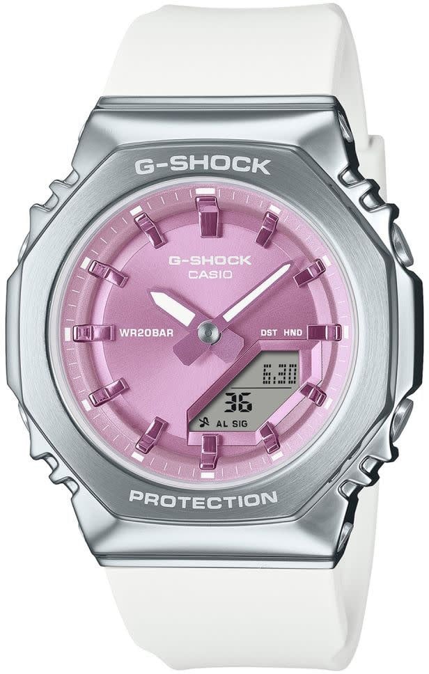 G-Shock Casio G-Shock GM-S2110-7A6ER Staal Analoog Digitaal met Roze Wijzerplaat en Witte Horlogeband Wit