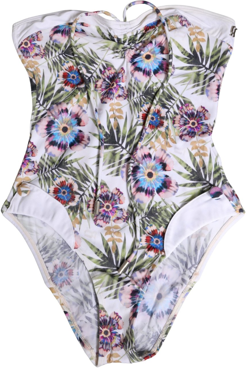 Galliano John Galliano White Floral Print Strapless One-Piece Swimsuit Swimwear Wit