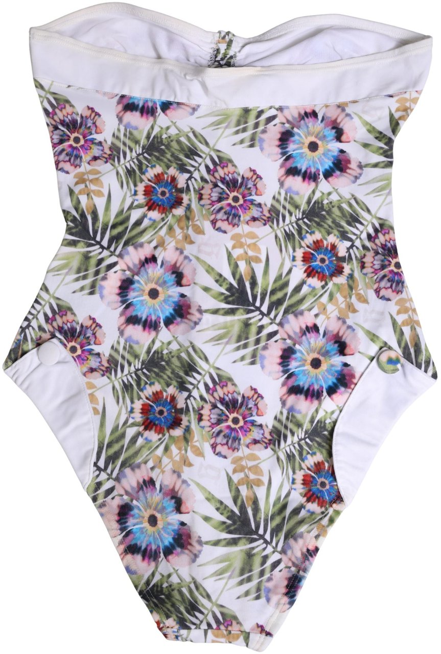 Galliano John Galliano White Floral Print Strapless One-Piece Swimsuit Swimwear Wit