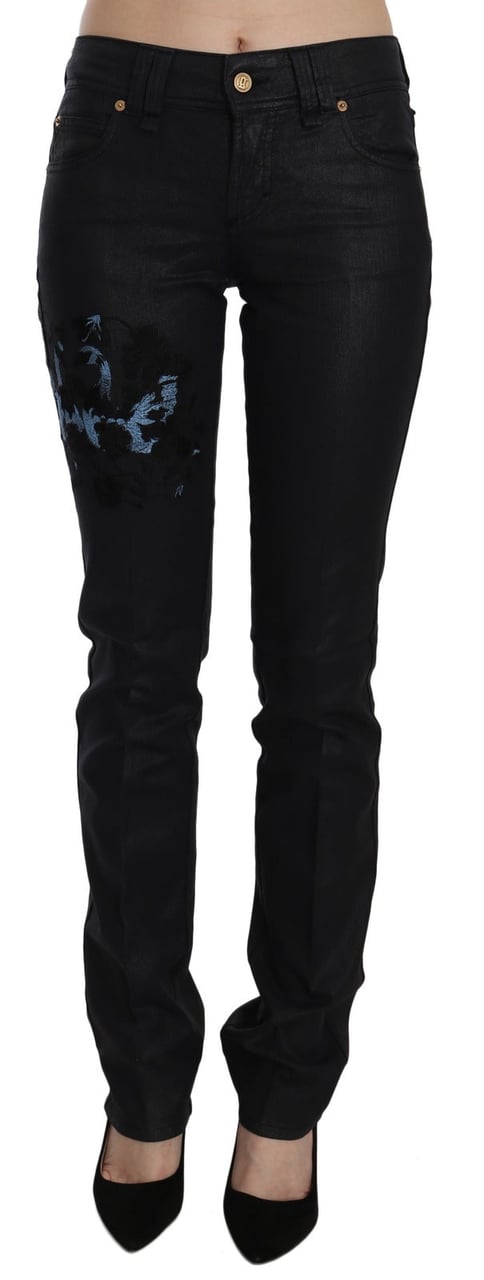 Galliano John Galliano Black Swan Floral Embroidered Mid Waist Skinny Denim Jeans Zwart