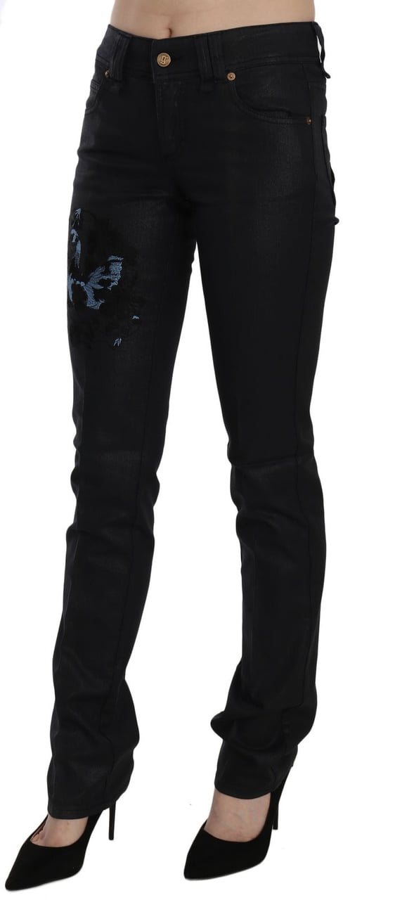 Galliano John Galliano Black Swan Floral Embroidered Mid Waist Skinny Denim Jeans Zwart