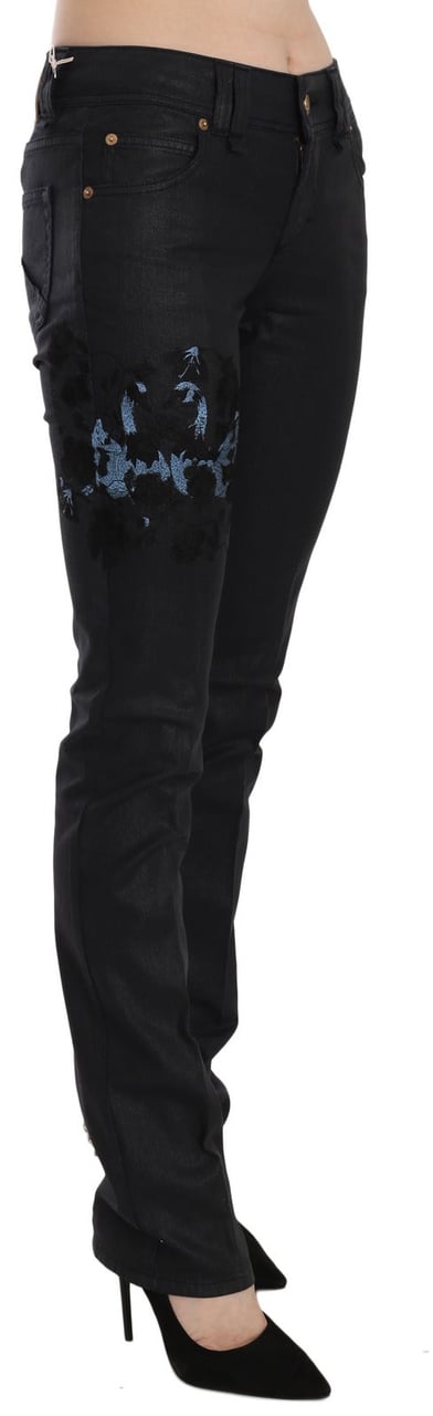 Galliano John Galliano Black Swan Floral Embroidered Mid Waist Skinny Denim Jeans Zwart