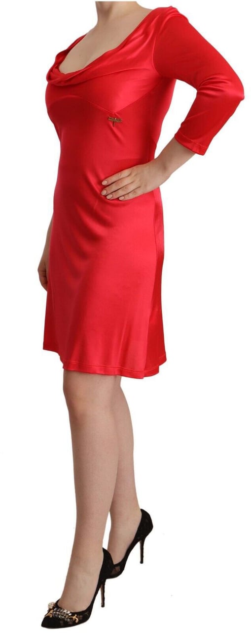Galliano John Galliano Red Viscose 3/4 Sleeves Deep Round Neck Sheath Dress Rood