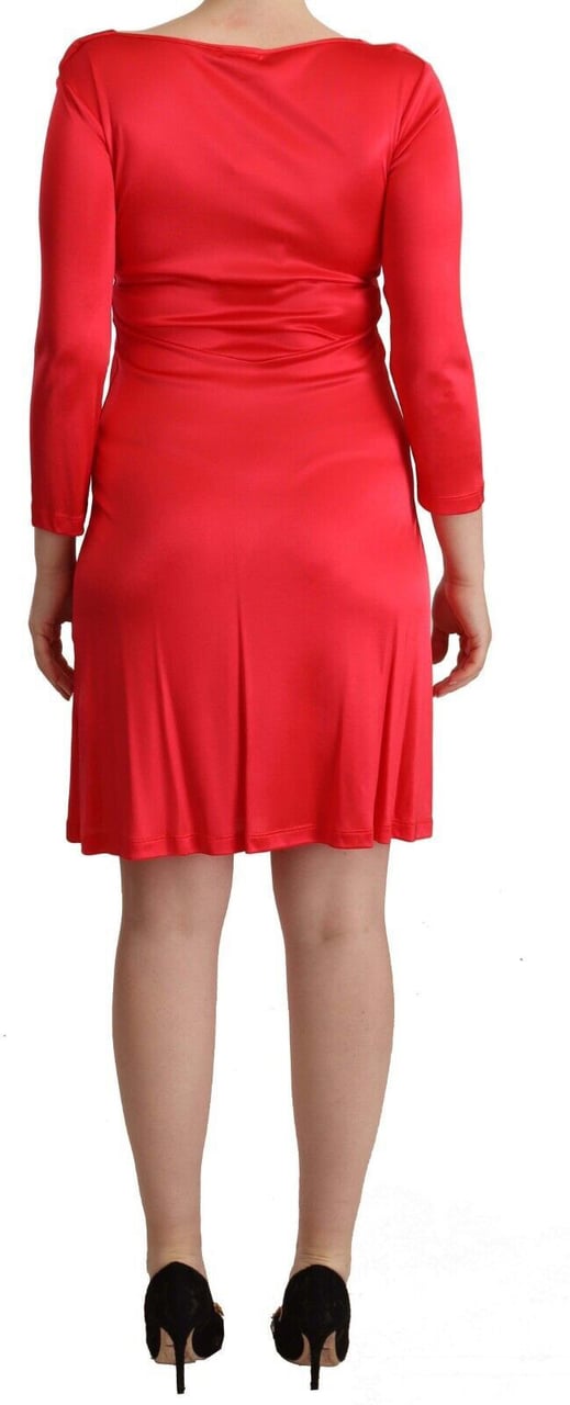 Galliano John Galliano Red Viscose 3/4 Sleeves Deep Round Neck Sheath Dress Rood