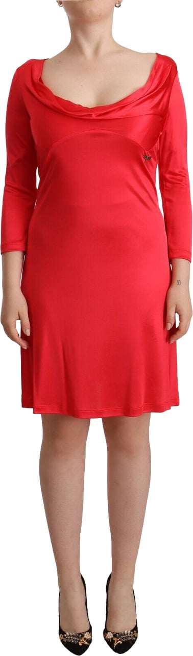 Galliano John Galliano Red Viscose 3/4 Sleeves Deep Round Neck Sheath Dress Rood