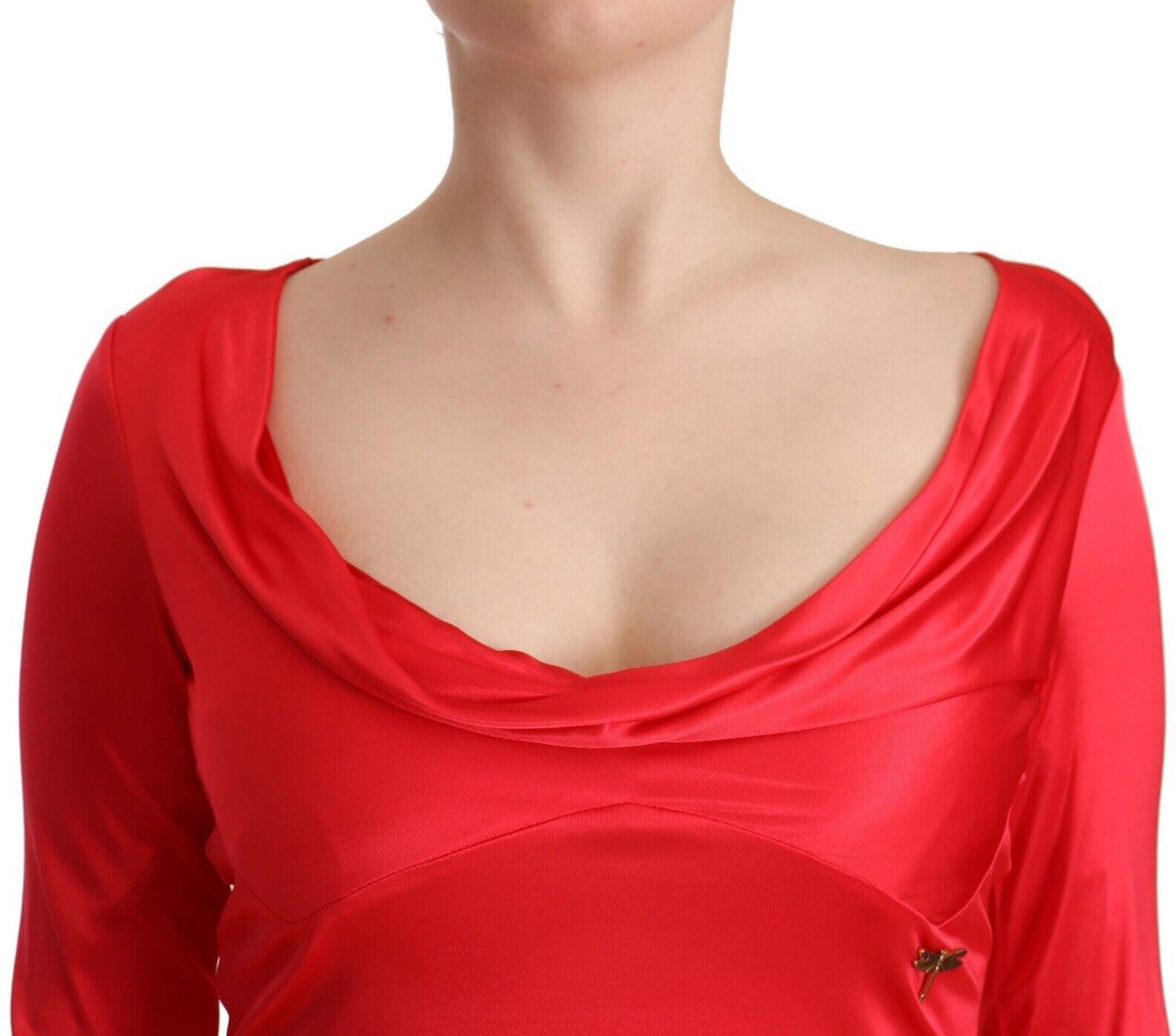 Galliano John Galliano Red Viscose 3/4 Sleeves Deep Round Neck Sheath Dress Rood