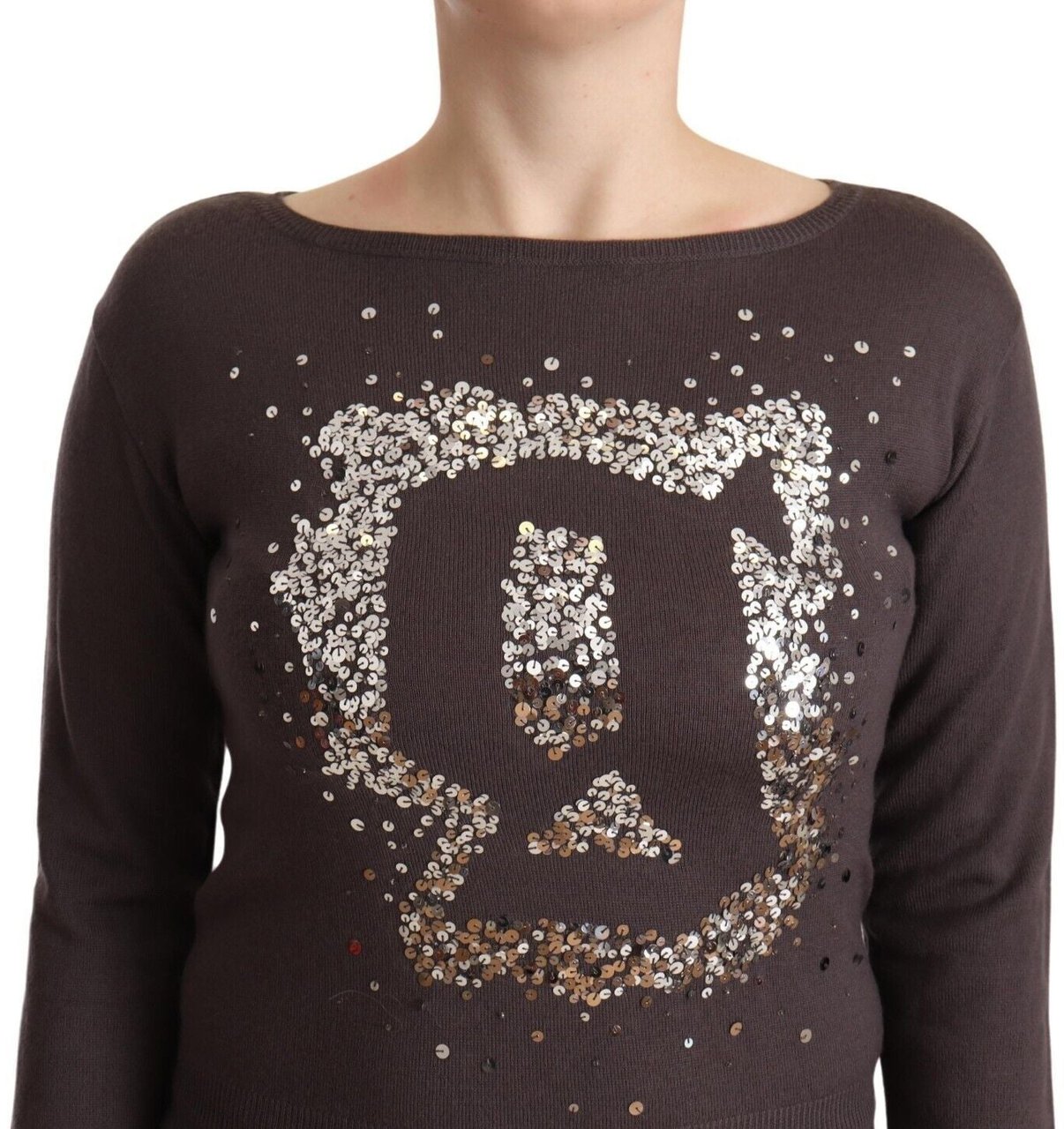 Galliano John Galliano Brown Wool Sequined Long Sleeves Pullover Sweater Bruin