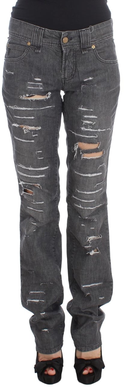 Galliano John Galliano Gray Wash Cotton Torn Straight Fit Jeans Grijs