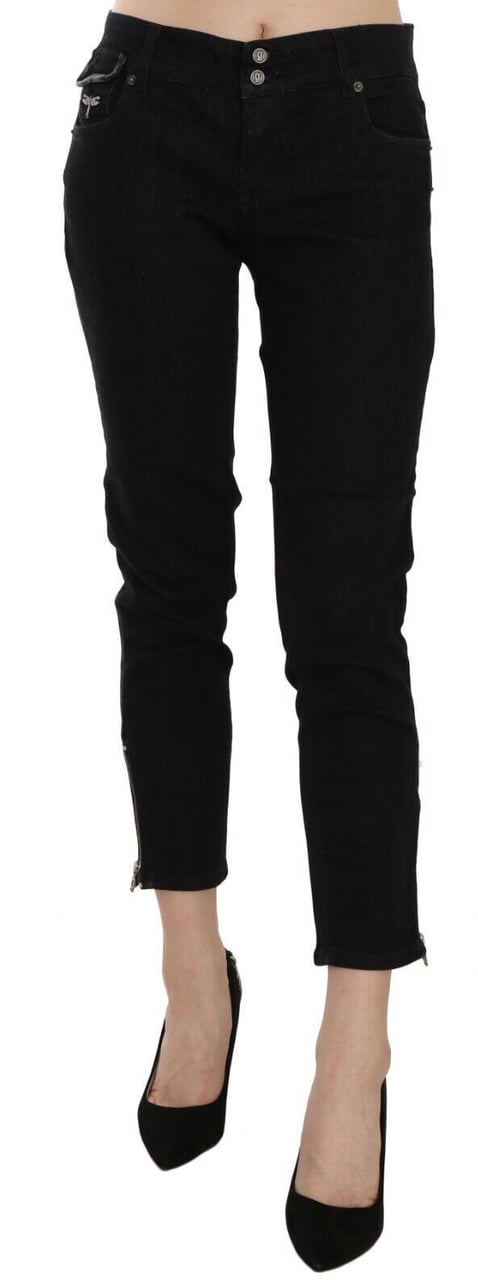 Galliano John Galliano Black Mid Waist Cropped Cut Hem Denim Casual Pants Zwart