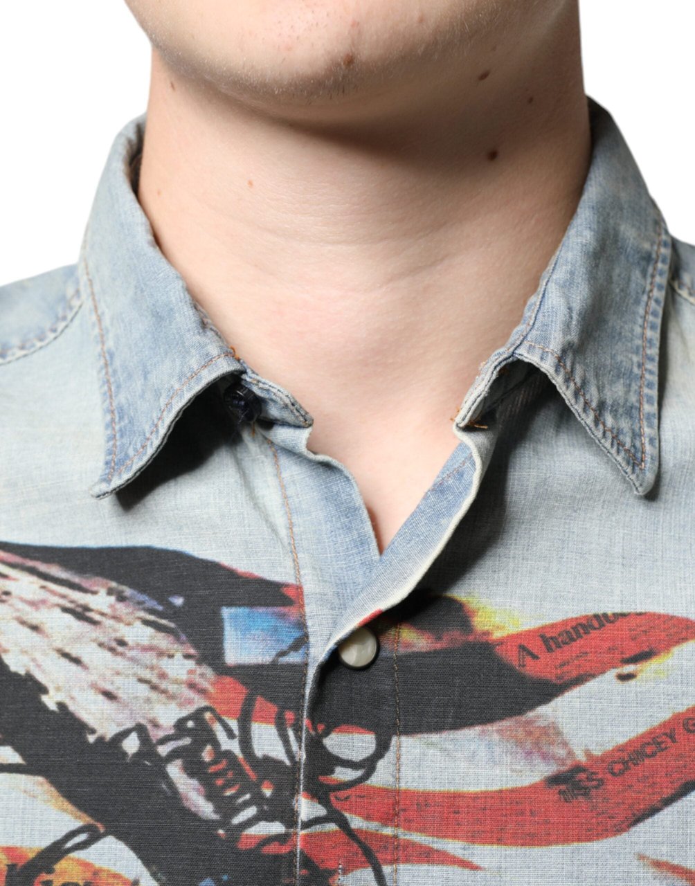 Galliano John Galliano Light Blue Printed Cotton Denim Long Sleeves Shirt Blauw