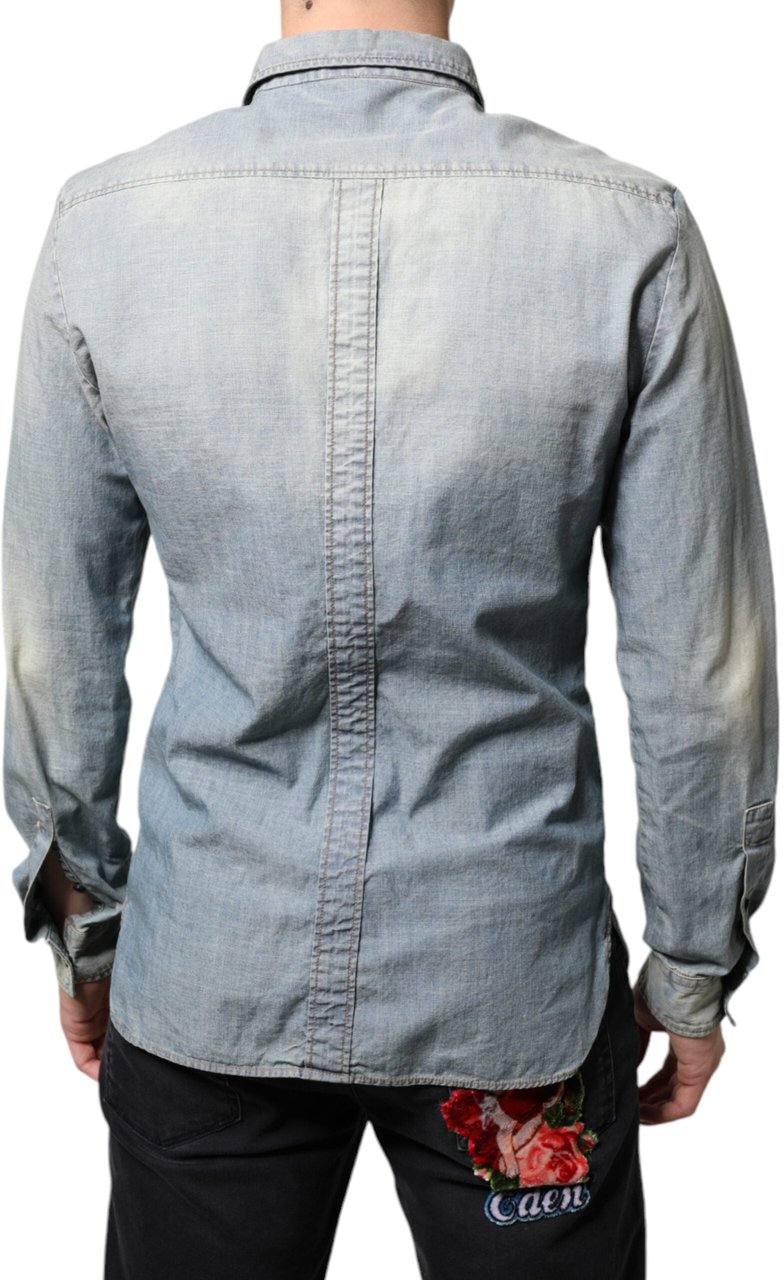 Galliano John Galliano Light Blue Printed Cotton Denim Long Sleeves Shirt Blauw