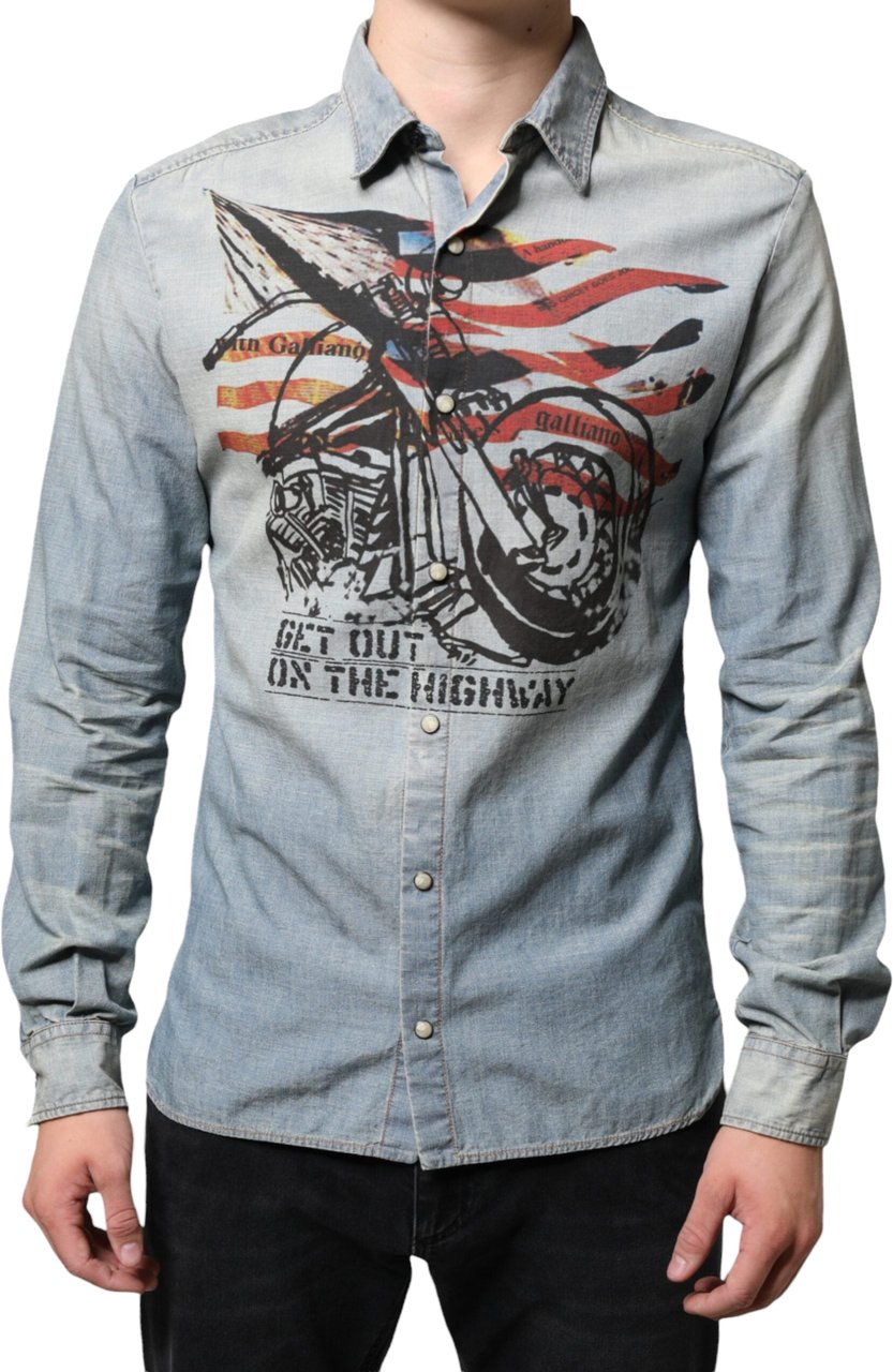 Galliano John Galliano Light Blue Printed Cotton Denim Long Sleeves Shirt Blauw