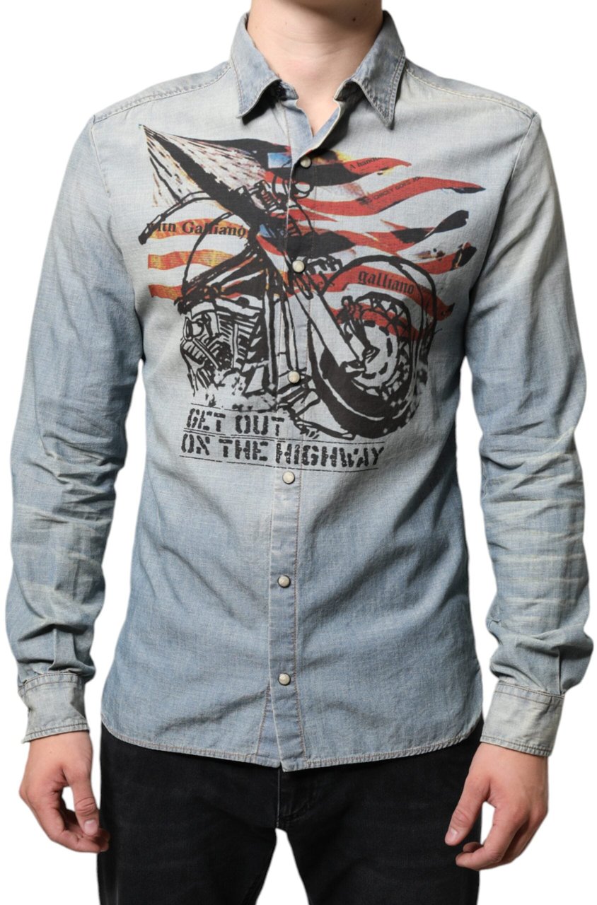 Galliano John Galliano Light Blue Printed Cotton Denim Long Sleeves Shirt Blauw