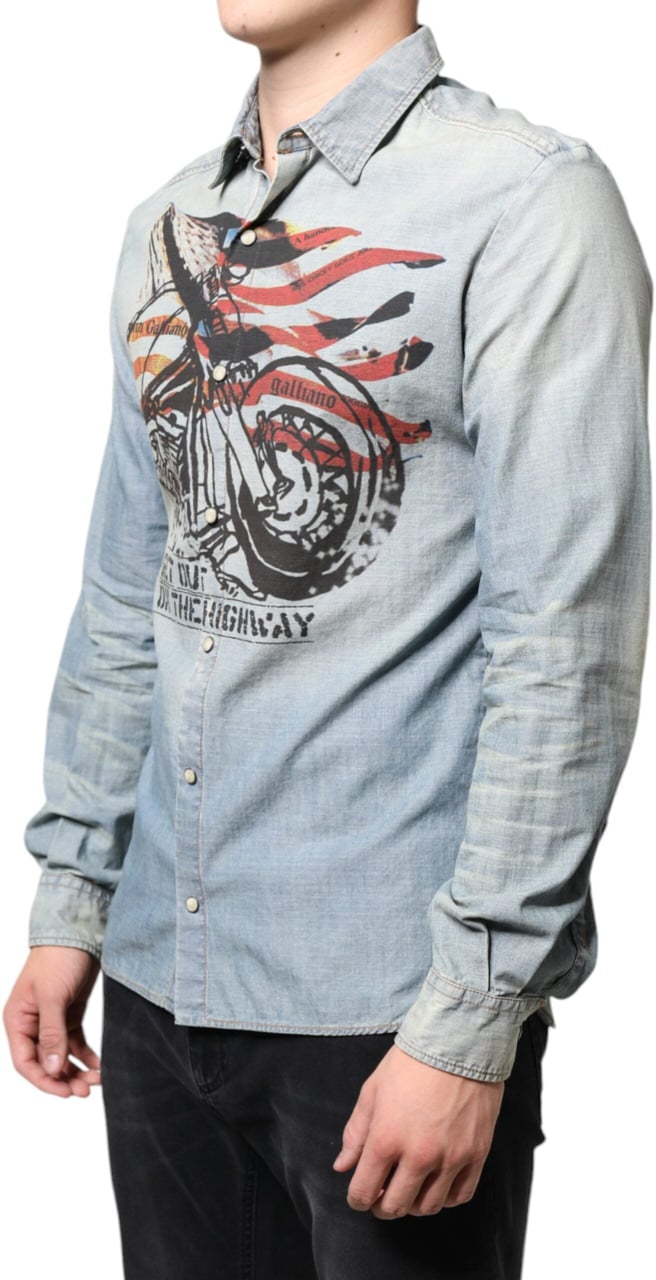 Galliano John Galliano Light Blue Printed Cotton Denim Long Sleeves Shirt Blauw