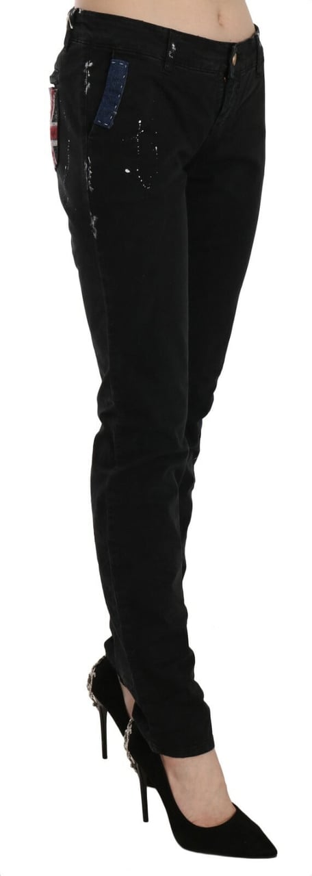 Galliano John Galliano Black Low Waist White Paint Skinny Denim Pants Jeans Zwart