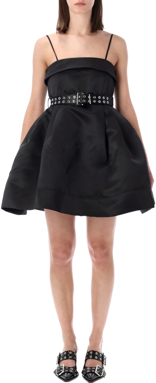 Ganni Satin Bubble Mini Dress Nero Zwart