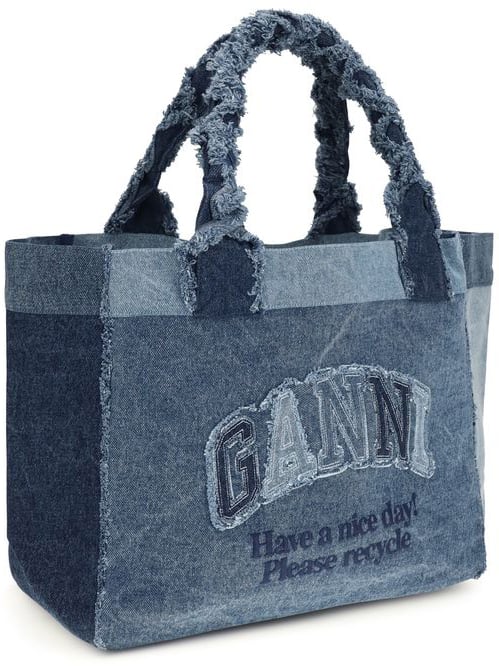 Ganni Patchwork Denim Frayed Edges Tote Bag Blauw