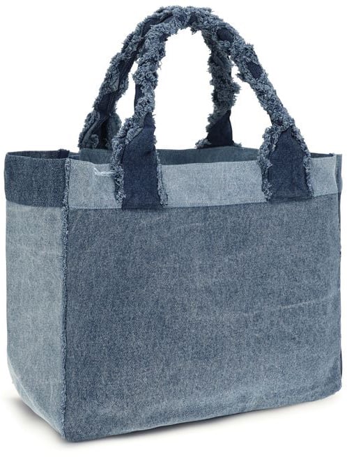 Ganni Patchwork Denim Frayed Edges Tote Bag Blauw
