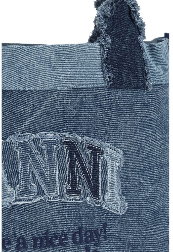 Ganni Patchwork Denim Frayed Edges Tote Bag Blauw
