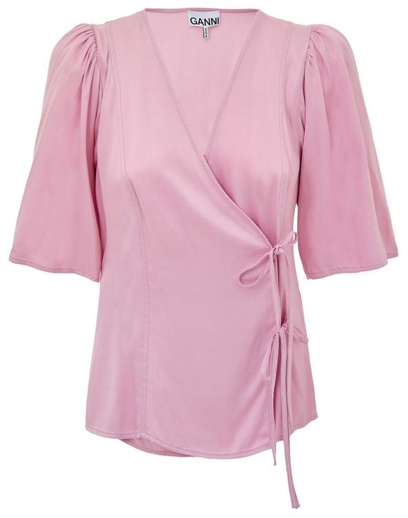 Ganni Pink Satin Crossover Top Roze