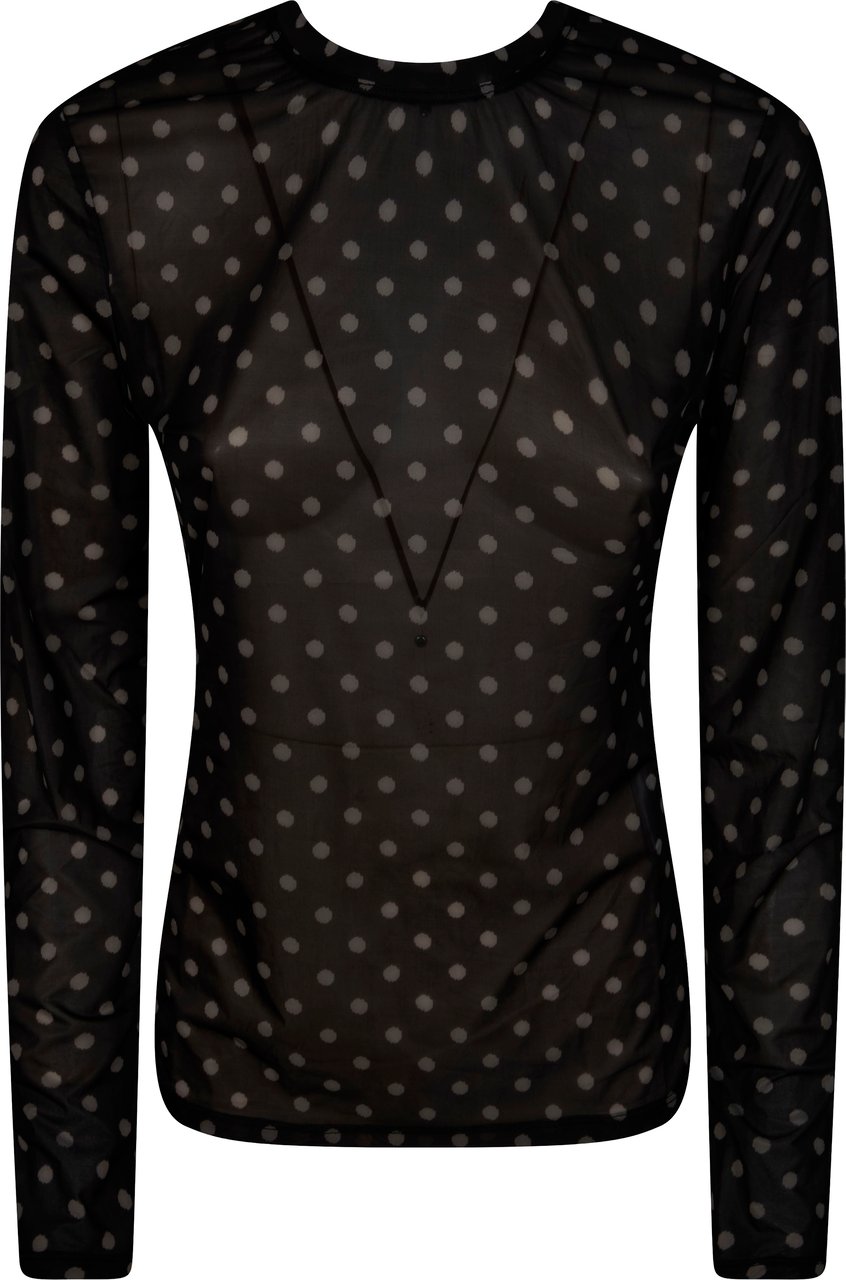 Ganni Polka Dot Sheer Ruched T-Shirt Zwart