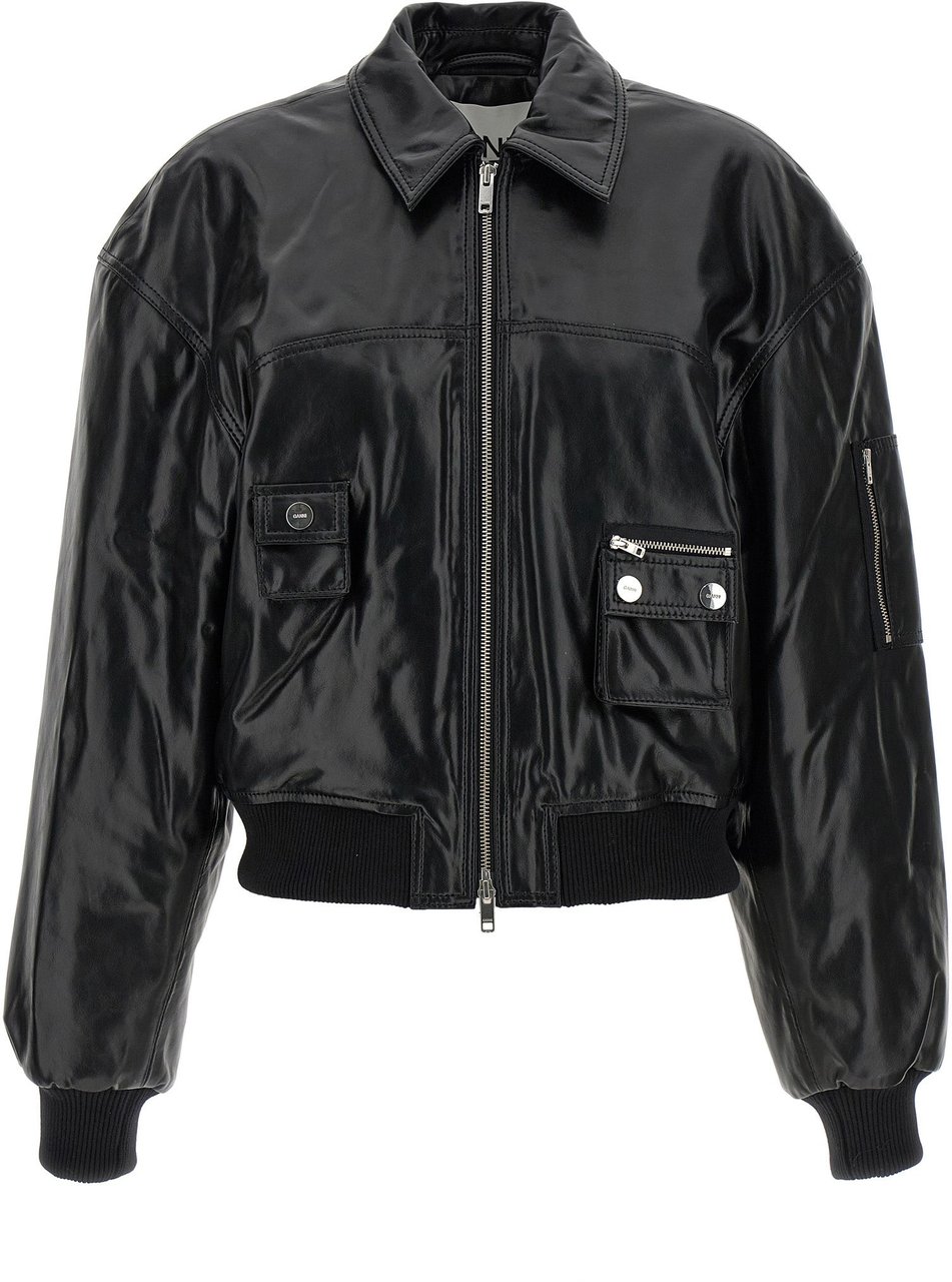 Ganni Black Leather Bomber Zwart