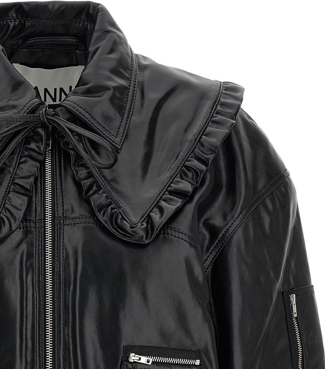 Ganni Black Leather Bomber Zwart