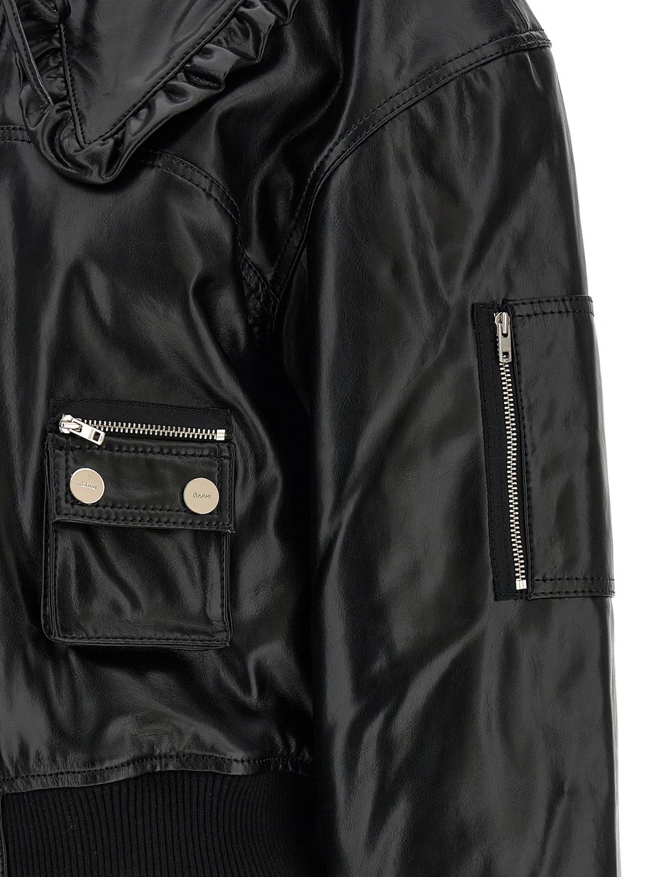 Ganni Black Leather Bomber Zwart