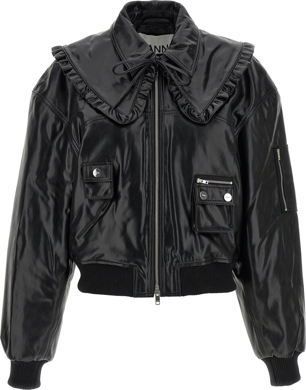 Ganni Black Leather Bomber Zwart
