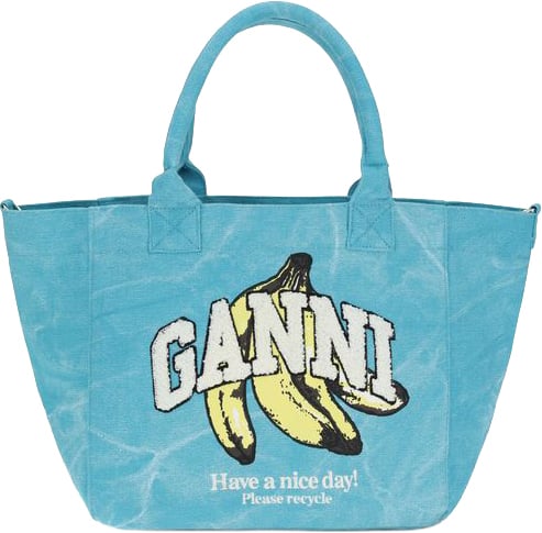 Ganni Blue Recycled Cotton Shoulder Bag Blauw