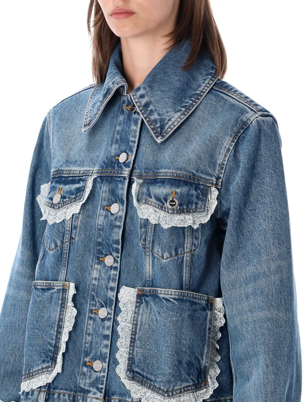 Ganni Lace Denim Jacket Blu Blauw