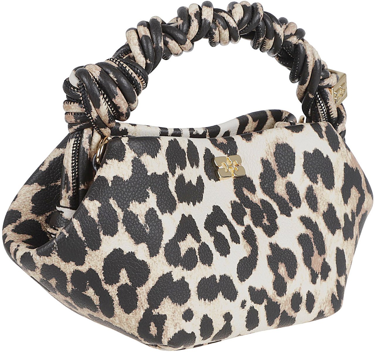 Ganni Leopard Print Bag with Braided Top Handle and Adjustable Strap Grijs