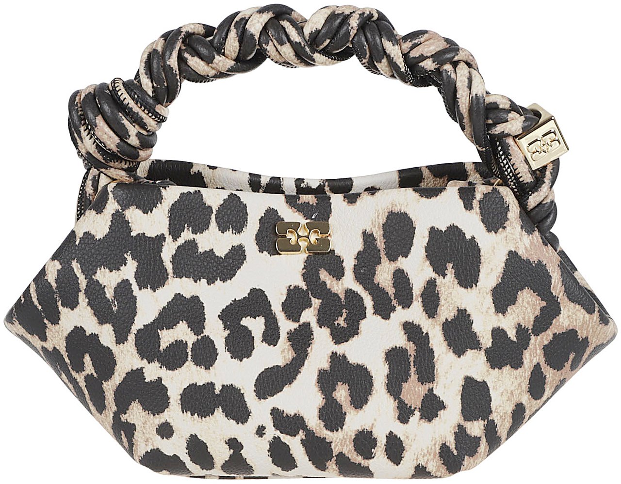 Ganni Leopard Print Bag with Braided Top Handle and Adjustable Strap Grijs