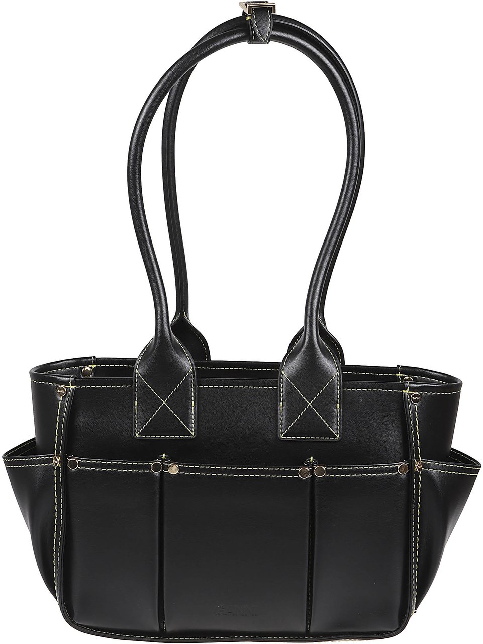 Ganni Structured Black Handbag with Contrasting White Stitching Zwart